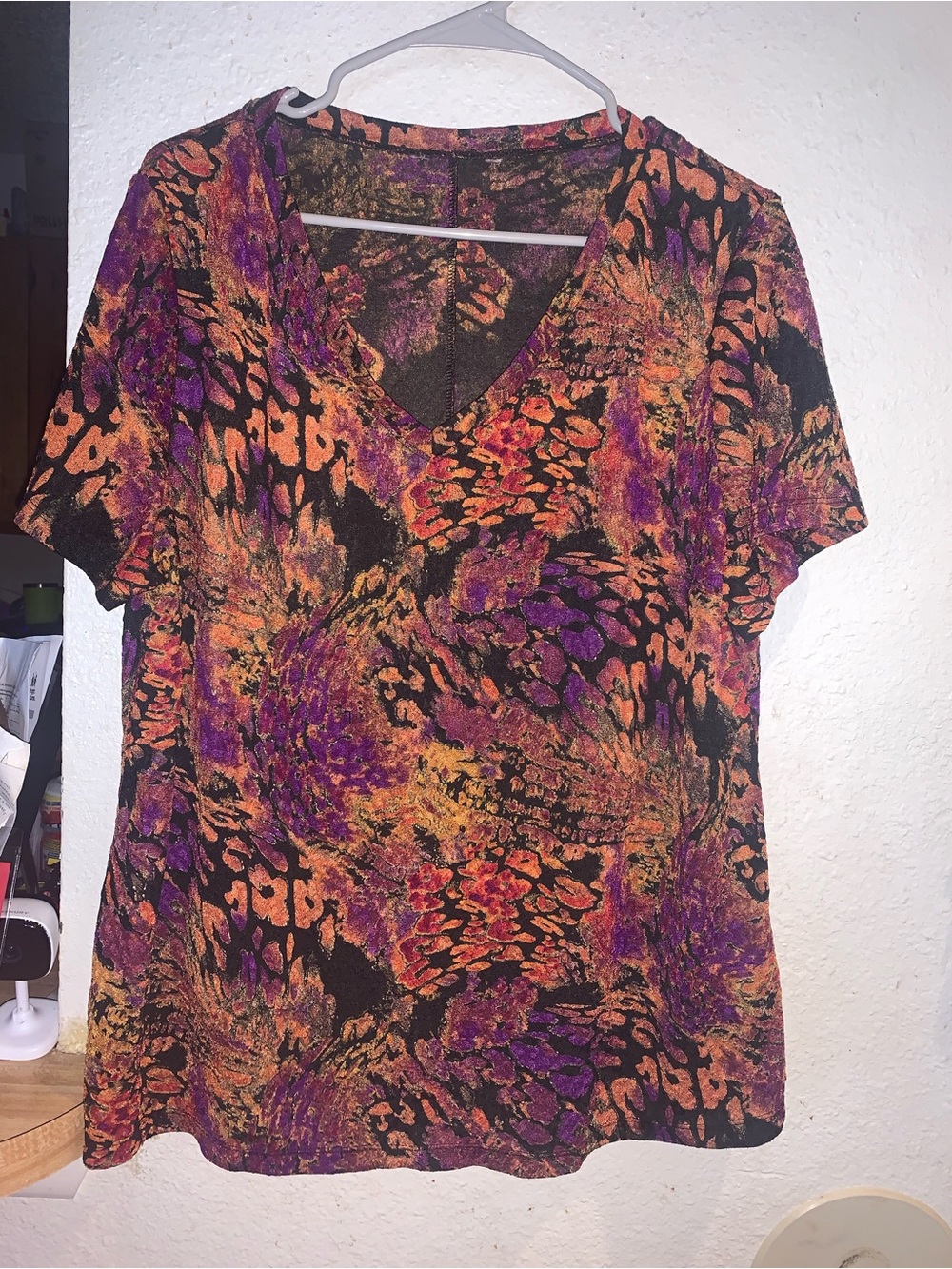 White Stag Black V-Neck Top with Purple & Orange Abstract Print